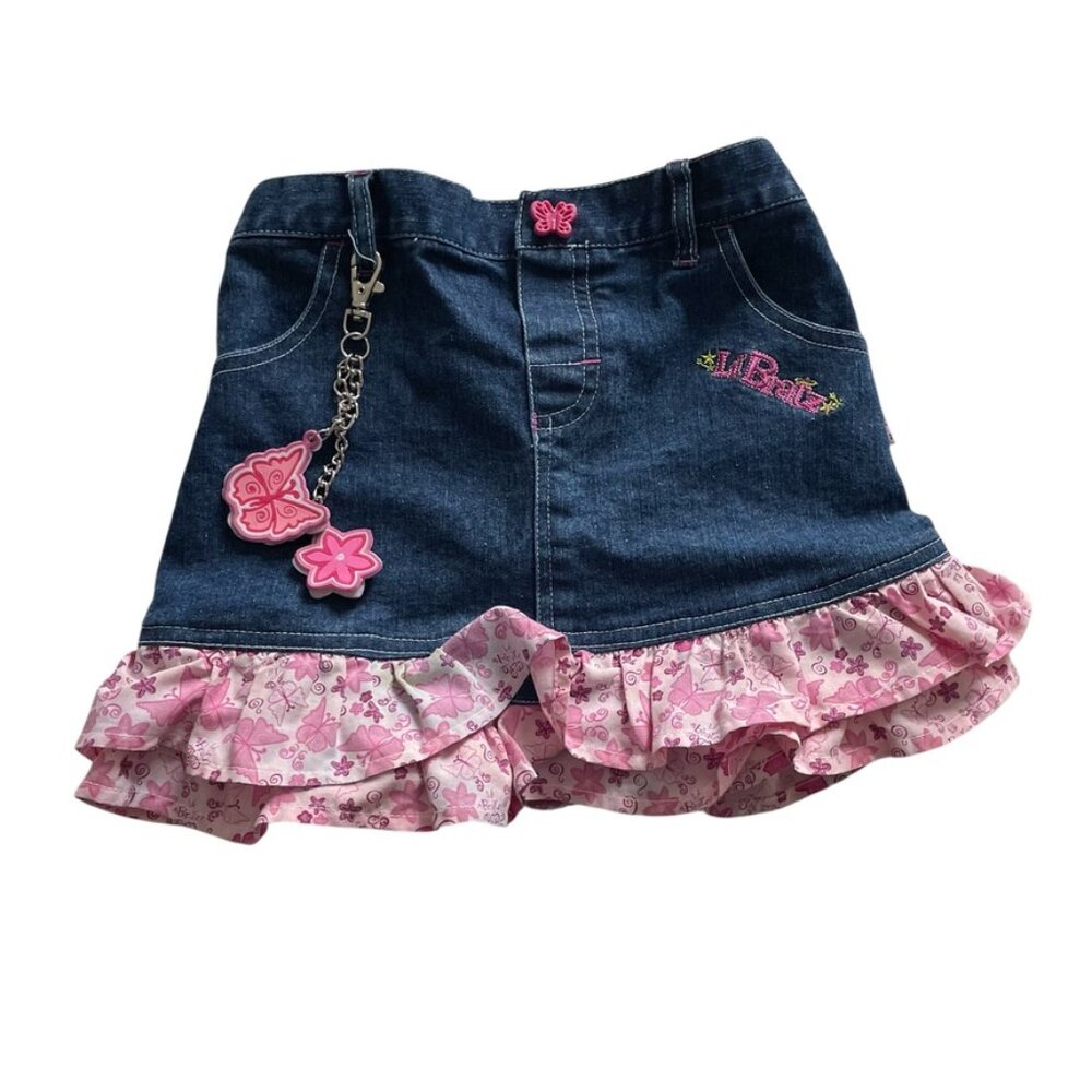 Vintage Y2K Lil Bratz Denim Mini Skirt Sz 6 Girls Ruffle Trim Butterfly Keychain